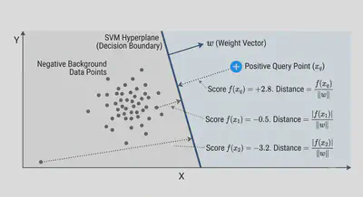 The relationship between the SVM hyperplane, the weight vector, and the Euclidean distance for different data points. Highlighting the positive point (the query) and the negative points (rest of points in your database). Generated using Nano Banana